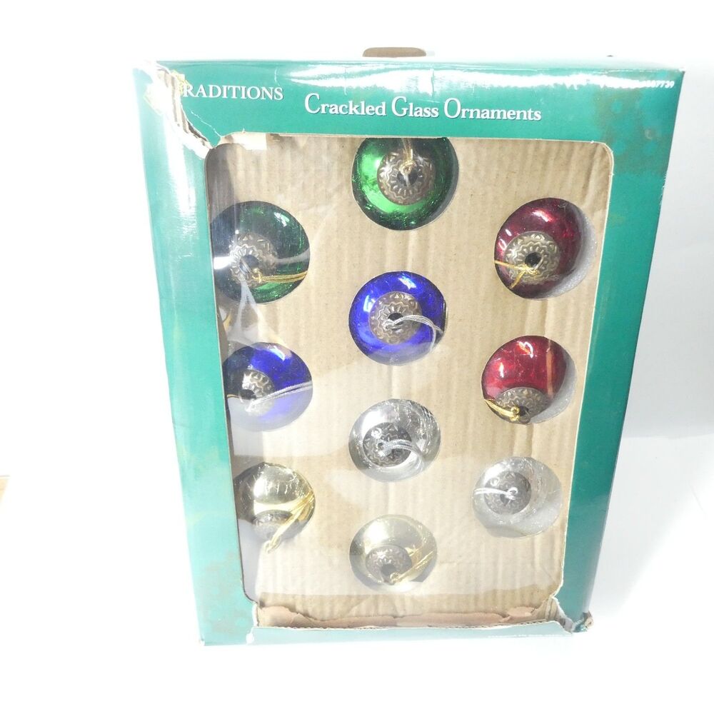 Traditions Crackle Glass Ornaments Set of 10 Multicolor Balls Kugel Vintage